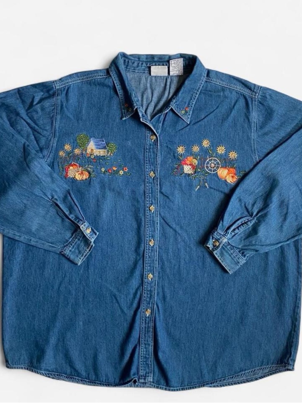 Vintage blue denim fall cottage harvest pumpkin button down shirt